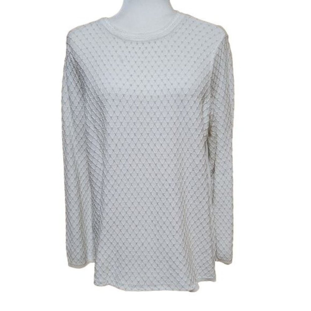 Elle Women's Size XL Comfy White Long Sleeve Sweater Top Gold Accents Split Hem